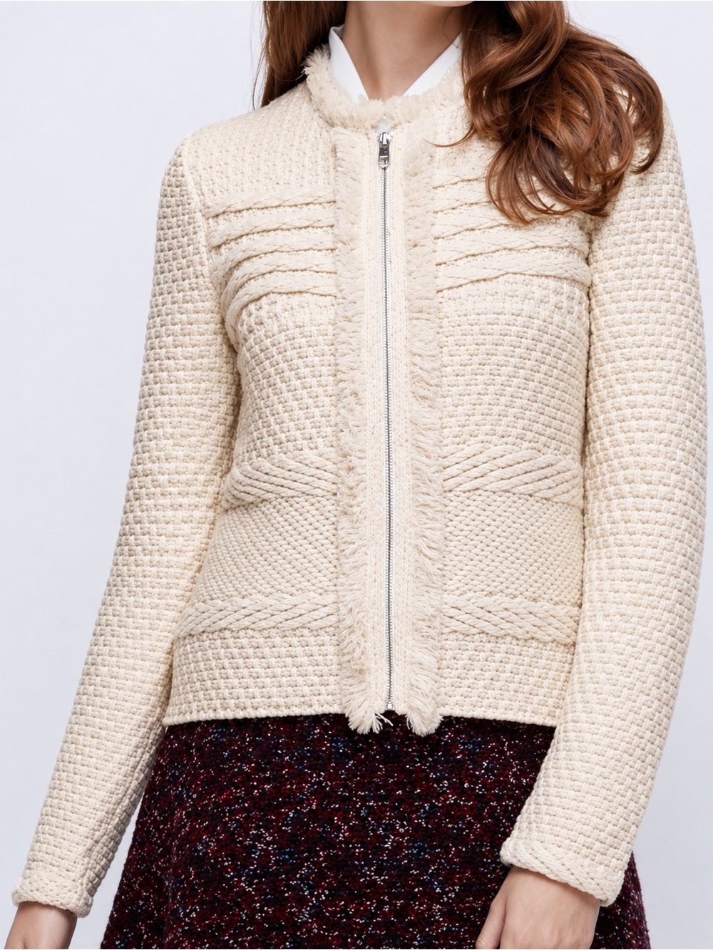 Ann Taylor Cream Textured Knit Zip Cardigan XS